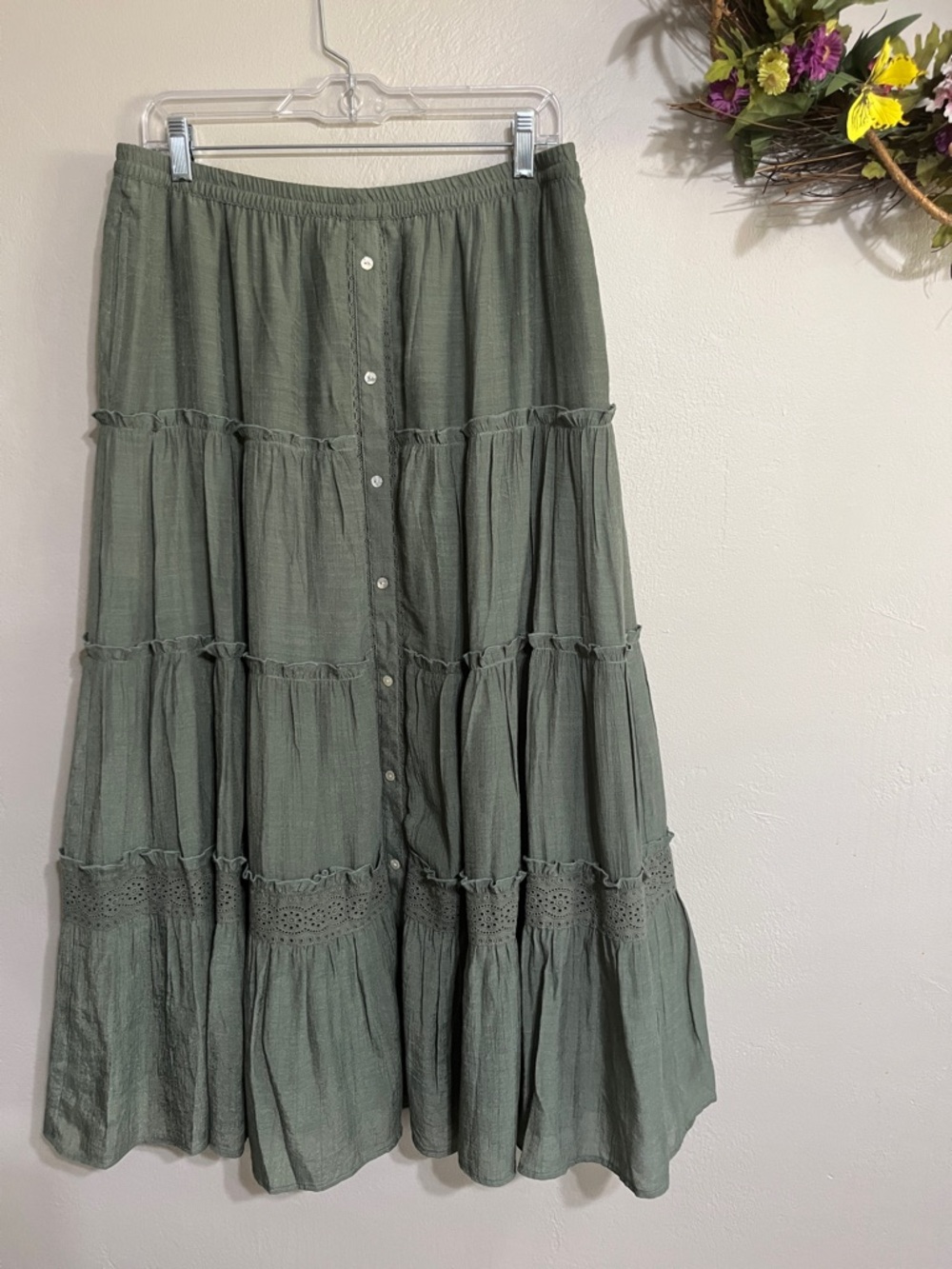 Nanette Lepore Olive Green Tiered Button-Front Maxi Skirt
